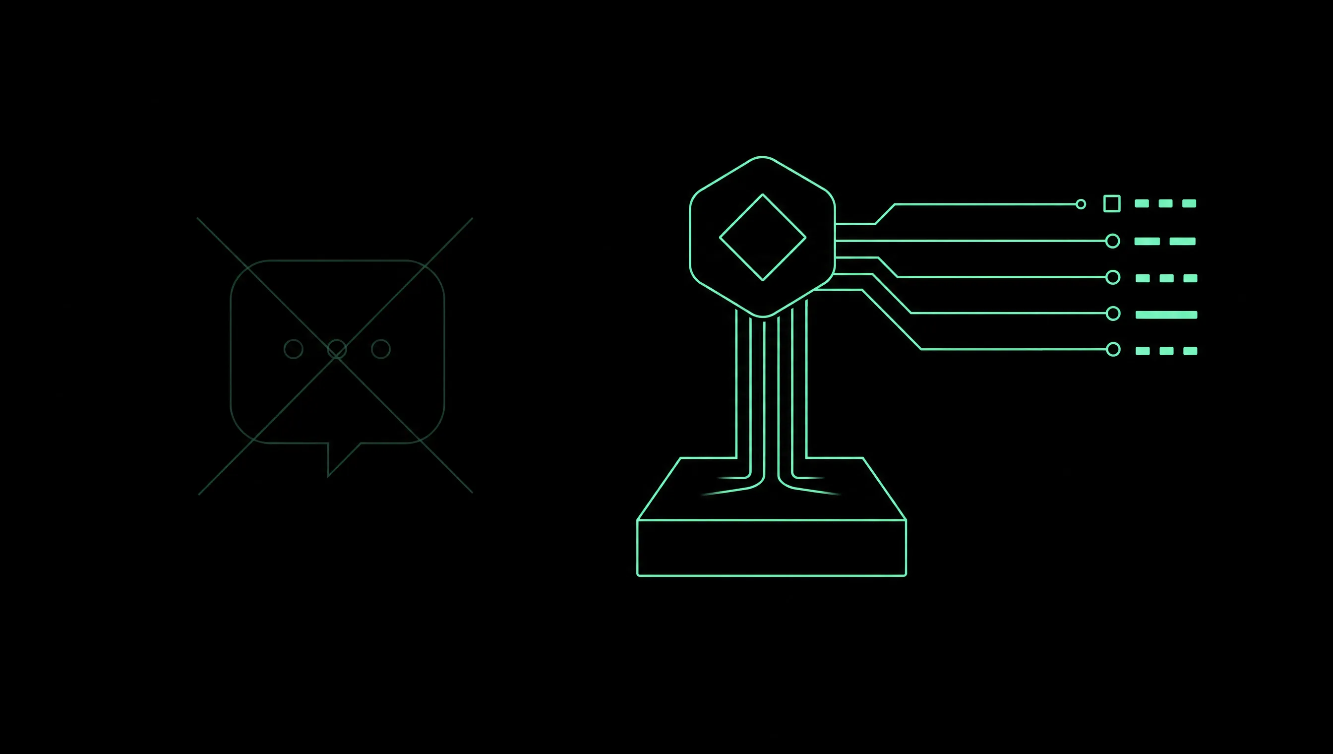 Minimalistische Illustration in Mintgrün auf Schwarz: links eine blasse, durchgestrichene Chat-Sprechblase; rechts ein Agenten-Knoten auf einem soliden Fundament, der strukturierte Datenlinien abruft.