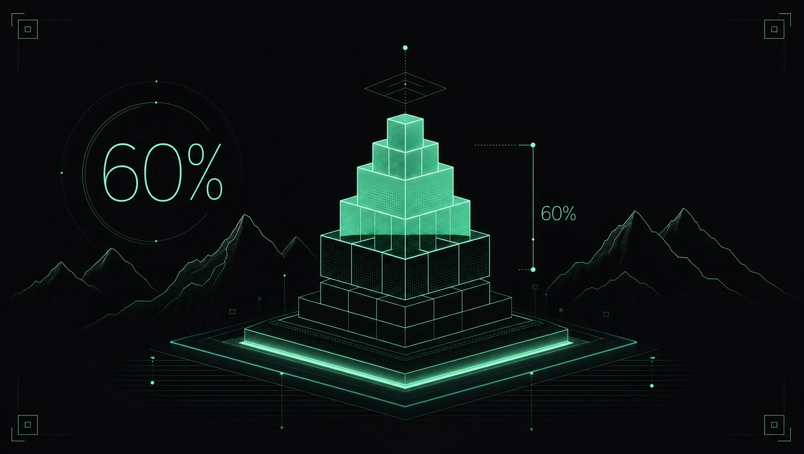 Dunkle Infografik in Mintgrün: ein leuchtendes digitales Fundament, aus dem geordnete Blöcke aufsteigen, mit prominenter Kennzahl 60 % und Südtiroler Bergsilhouette — sinnbildlich für die Digitalisierungsförderung, bei der das Land bis zu 60 % der Kosten übernimmt.
