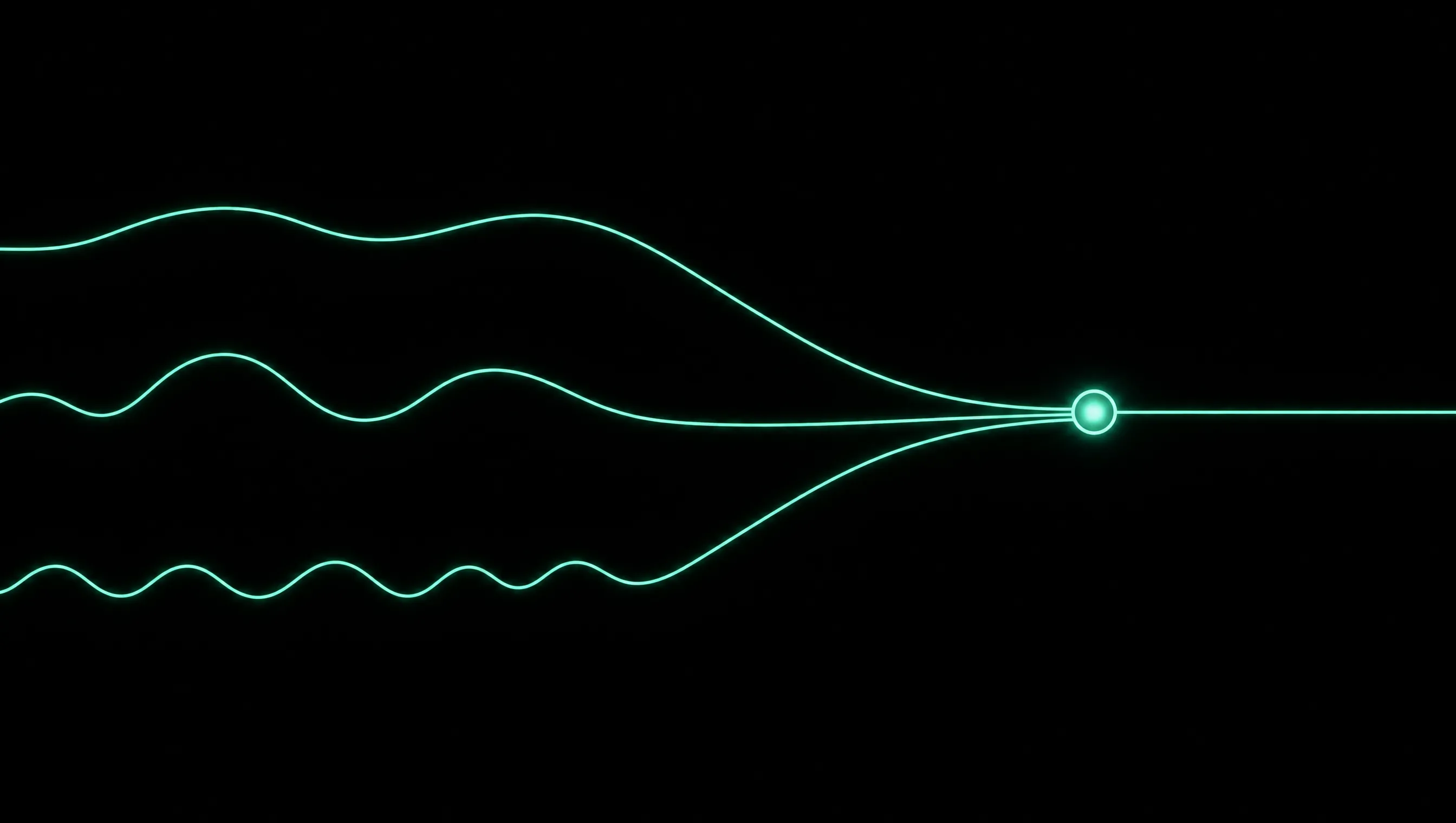 Minimalistische Illustration in Mintgrün auf Schwarz: drei unterschiedliche Wellen-Ströme laufen von links kommend zusammen und münden in einem einzigen leuchtenden Knoten.