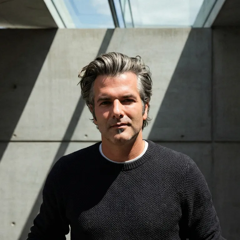 Florian Berger, Gründer von Berger+Team, blickt direkt in die Kamera vor einer modernen Betonwand mit markantem Schattenwurf.