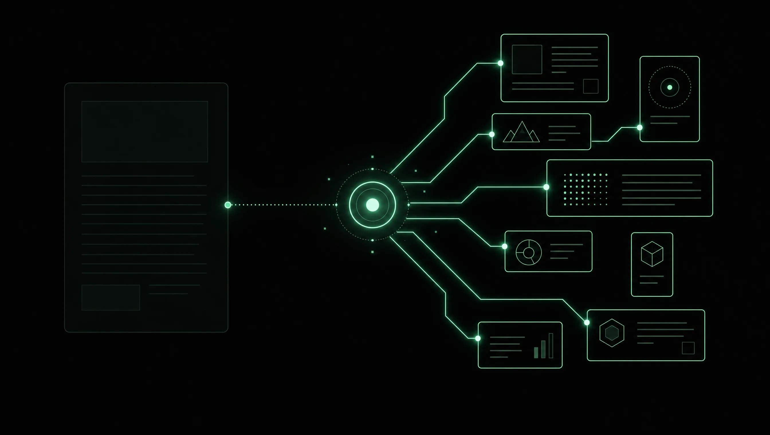 Minimalistische Illustration in Mintgrün auf Schwarz: links eine generische Seite mit nur einer schwachen Verbindung zu einem KI-Knoten, rechts dieselbe Fläche in mehrere klar abgegrenzte, spezifische Fragmente aufgeteilt, die alle mit kräftigen Linien an denselben KI-Knoten angebunden sind.