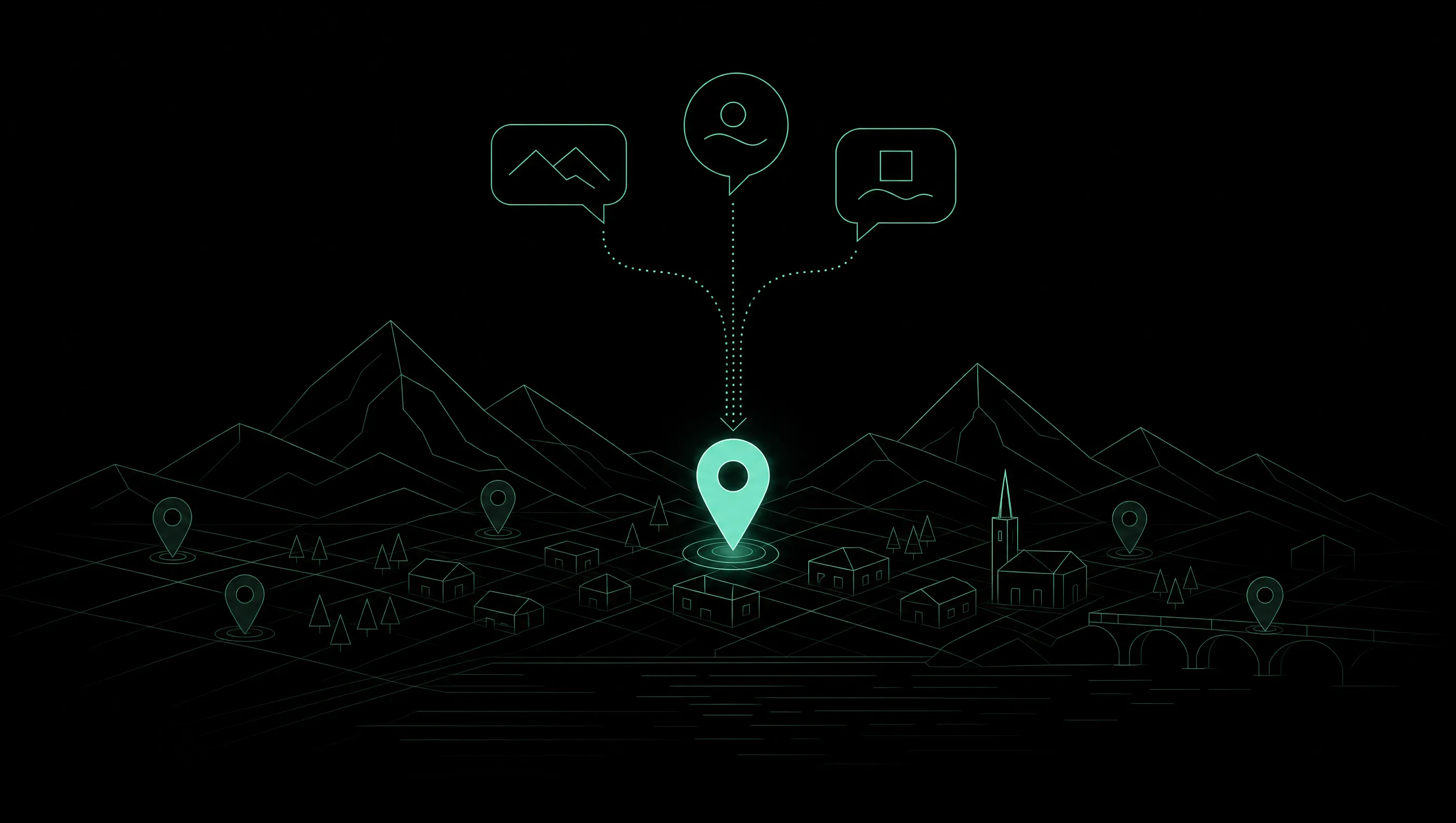 Minimalistische Illustration in Mintgrün auf Schwarz: ein Alpendorf zwischen Bergen, ein einziger leuchtender Standort-Pin hebt sich von mehreren verblassten Pins ab; drei Sprechblasen laufen von oben auf ihn zu — drei Sprachen, ein empfohlener Betrieb.