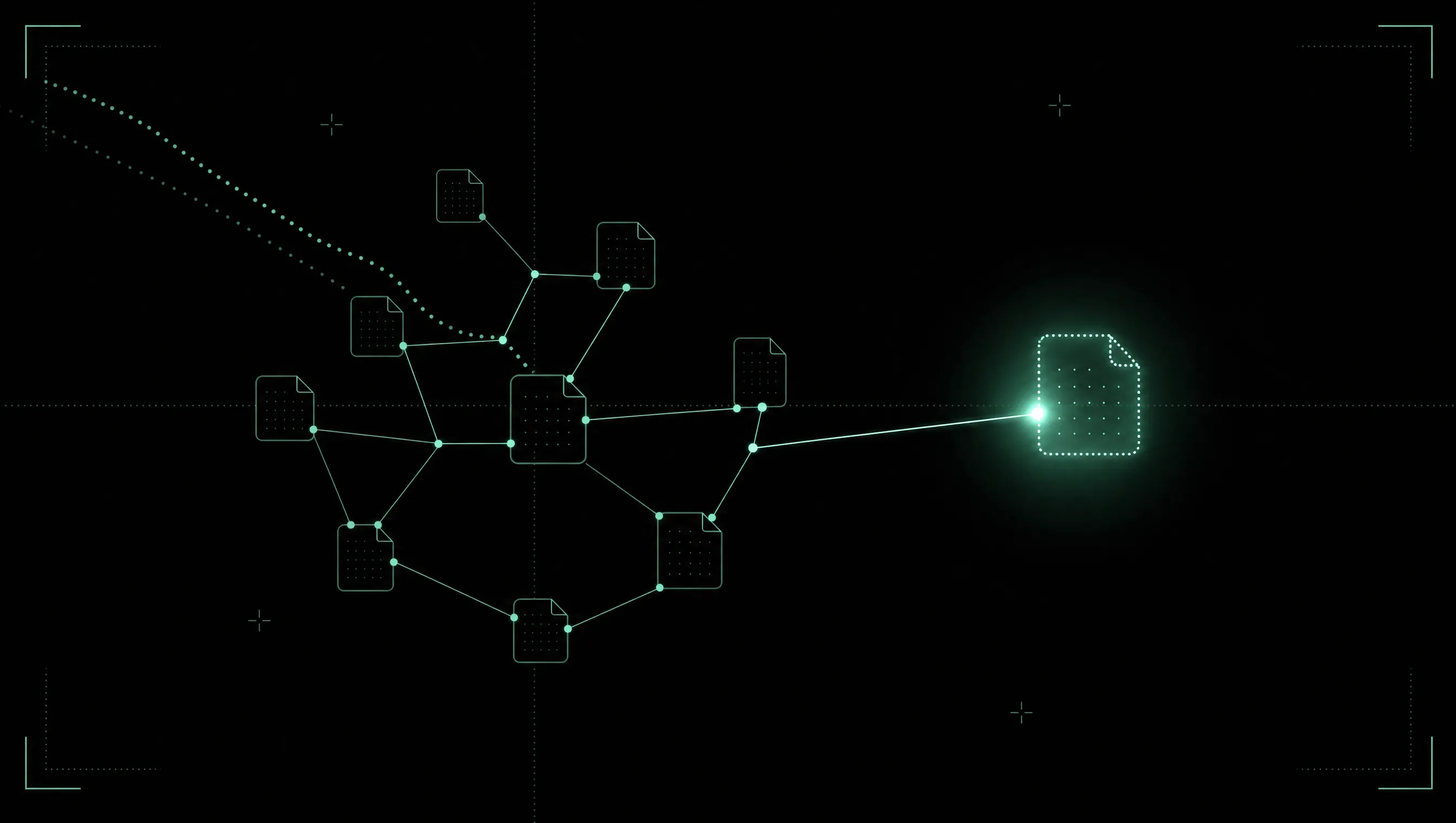 Netz aus Seitensymbolen, durch dünne Linien verbunden; rechts eine neue Seite mit noch gepunktetem Umriss, die über eine frische Linie angebunden wird, während eine gepunktete Spur von oben links durch das Netz auf sie zuläuft