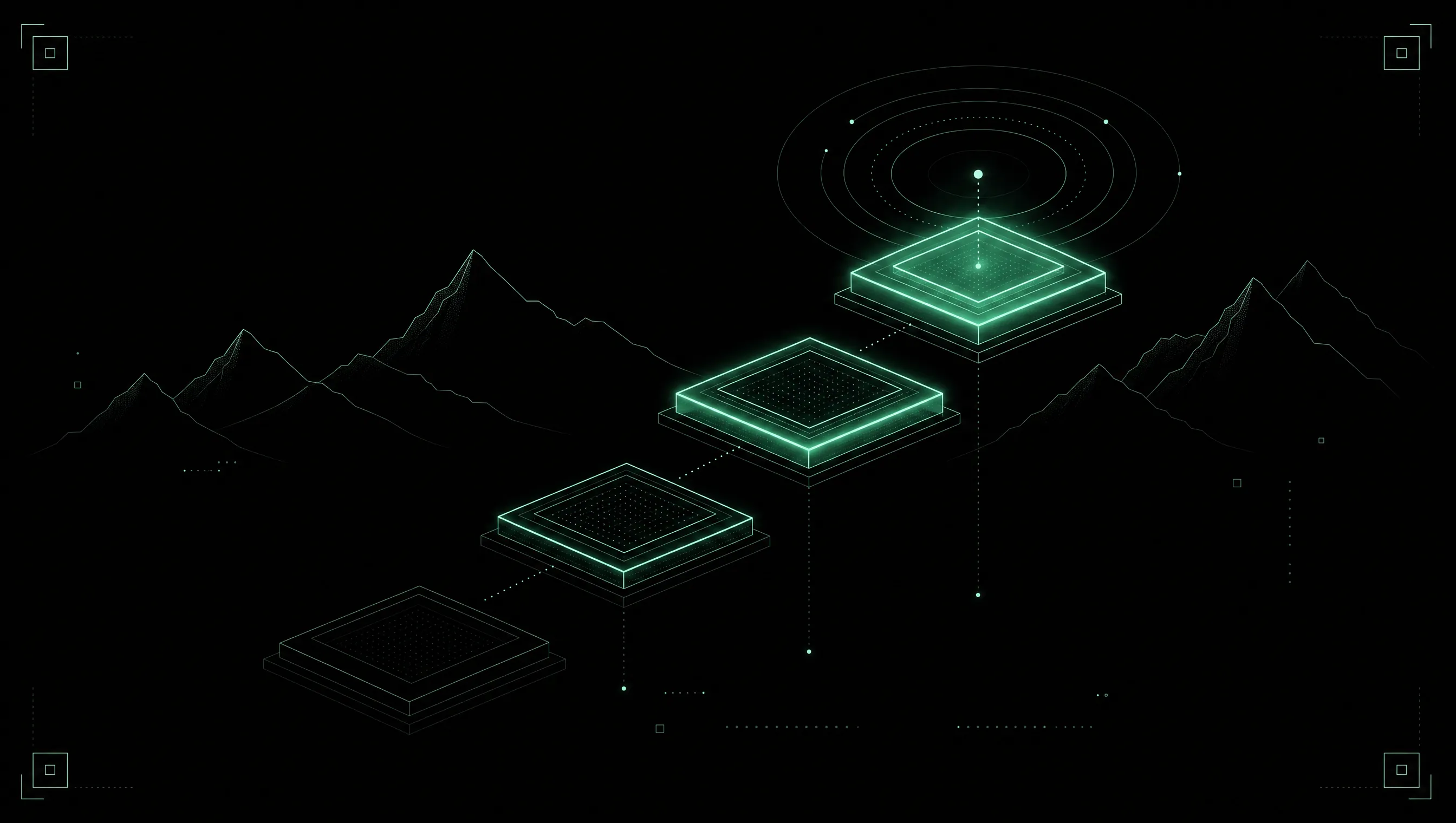 Four ascending, glowing platforms in front of an Alpine silhouette symbolise the four AI-visibility maturity stages