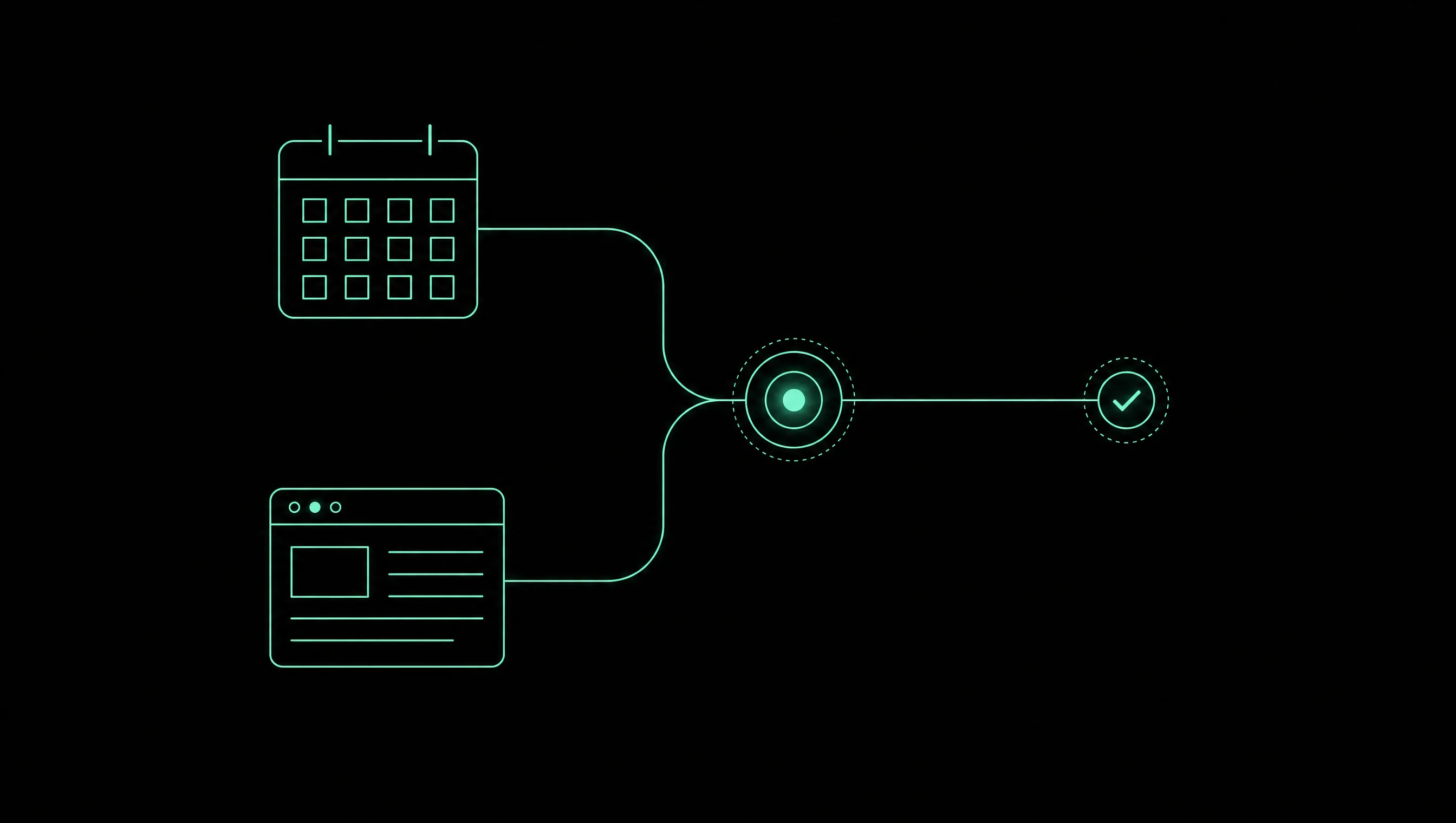 Minimalistische Illustration in Mintgrün auf Schwarz: ein Kalender-Symbol und ein Website-Symbol laufen über leuchtende Linien in einem zentralen Quell-Knoten zusammen, von dem eine Linie zu einem Häkchen führt.